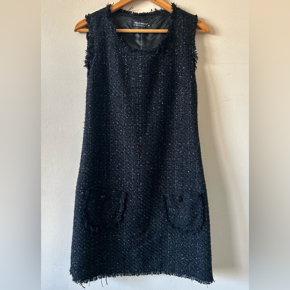 Rinascimento Lurex Thread Tweed Mini Sleeveless Frayed Edge Scoop Neck Dress!